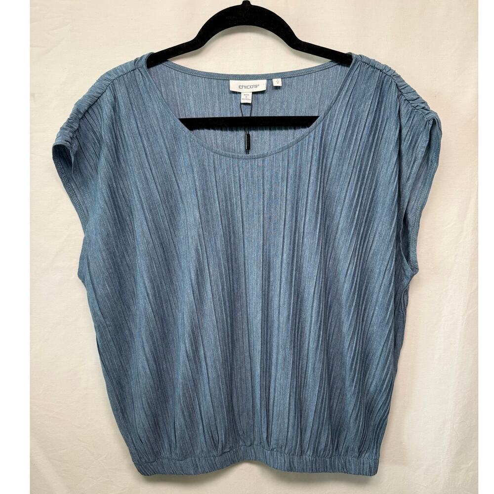 Chico's Crinkle Cap Sleeve Tee, Denim Blue, Size 1 (Medium) - NEW!